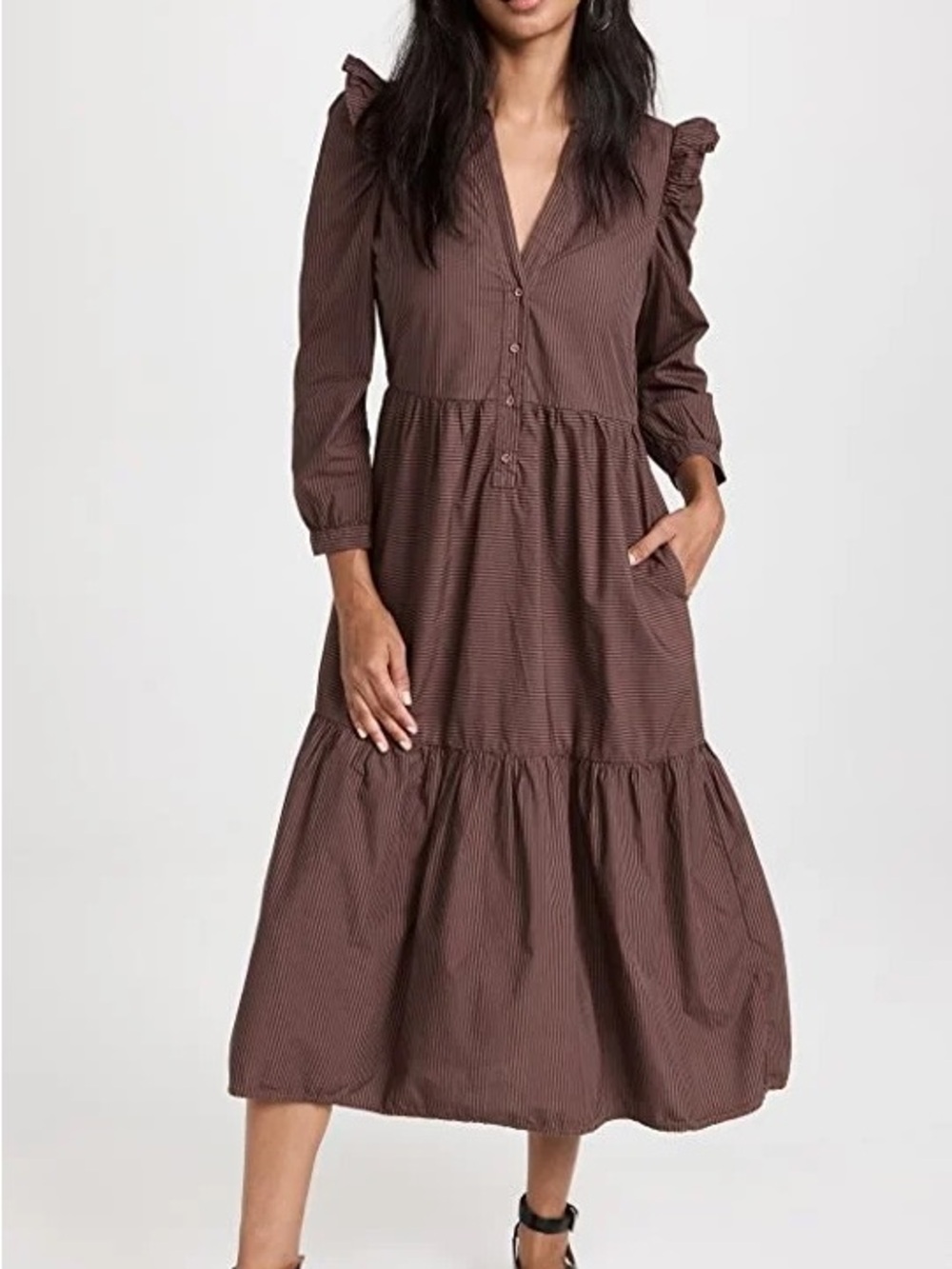 NWOT Nation LTD Maxi Dress Peasant Pinstripe 100% Pima Cotton Flowy Brown XL